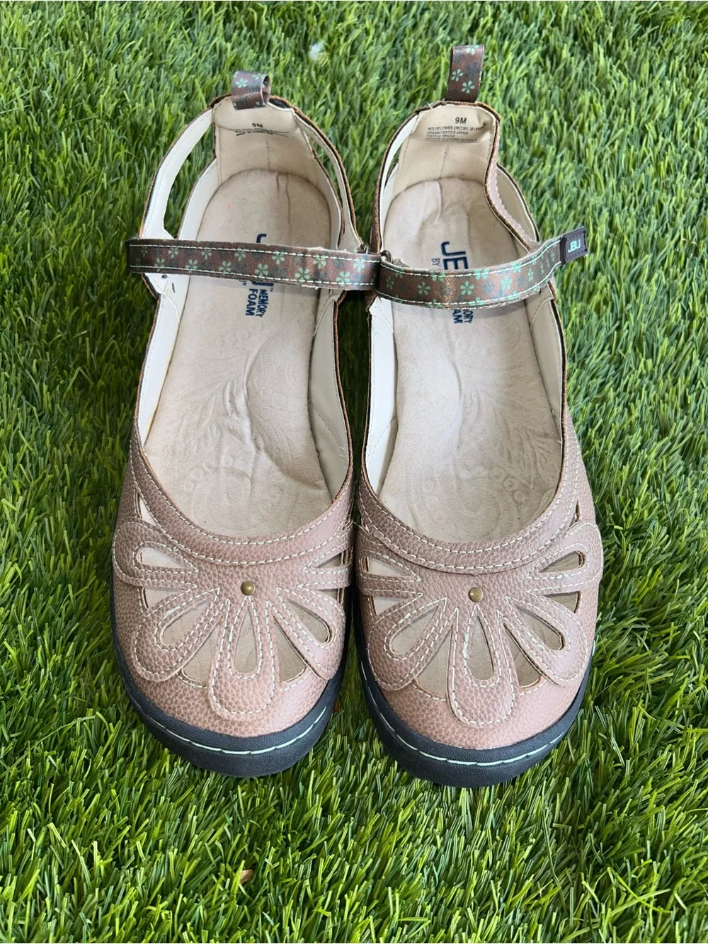 JBU brown Floral Cutout Mary Jane Flats with Metallic Strap